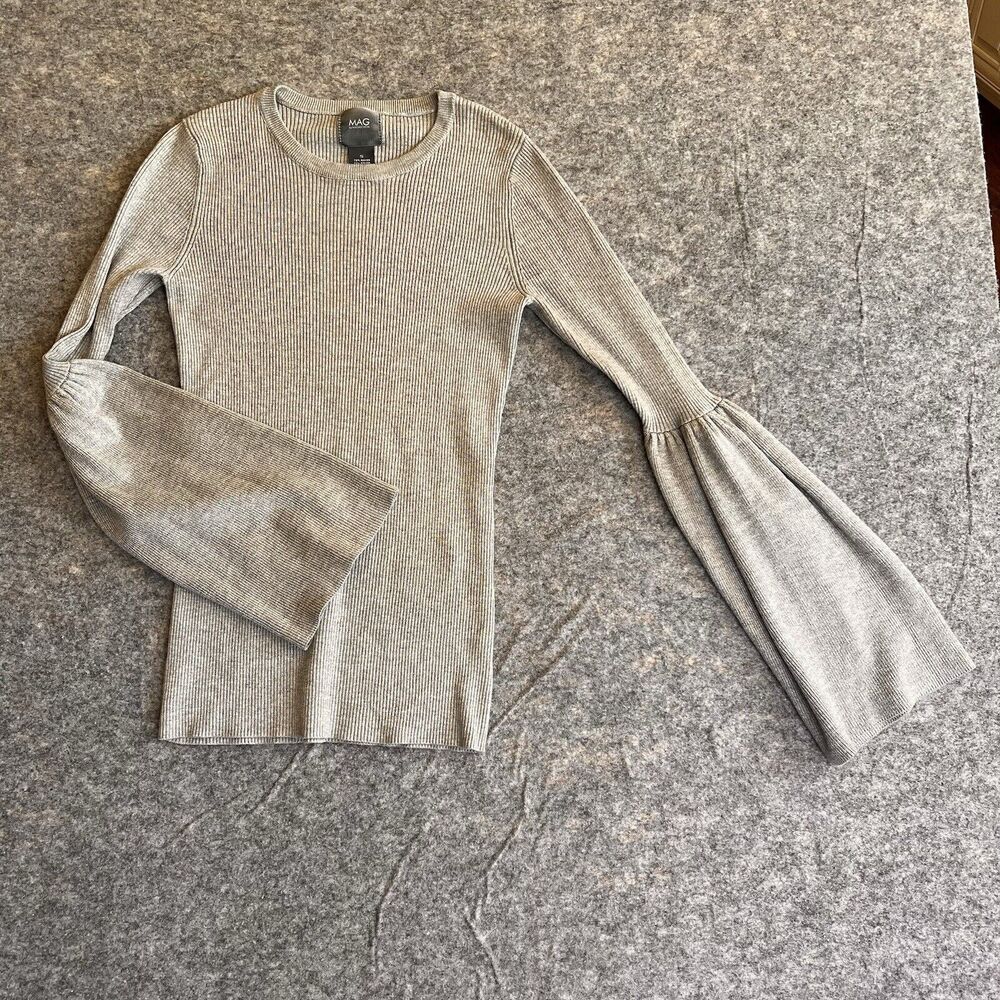 MAG by Magaschoni‎ Womens Small Gray Bell Sleeves Ribbed Knit Sweater Top